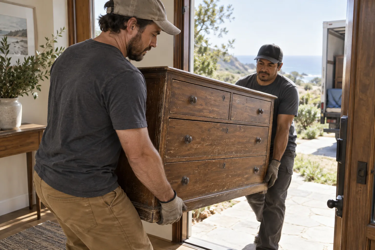 Two workers carrying a wooden dresser through a doorway