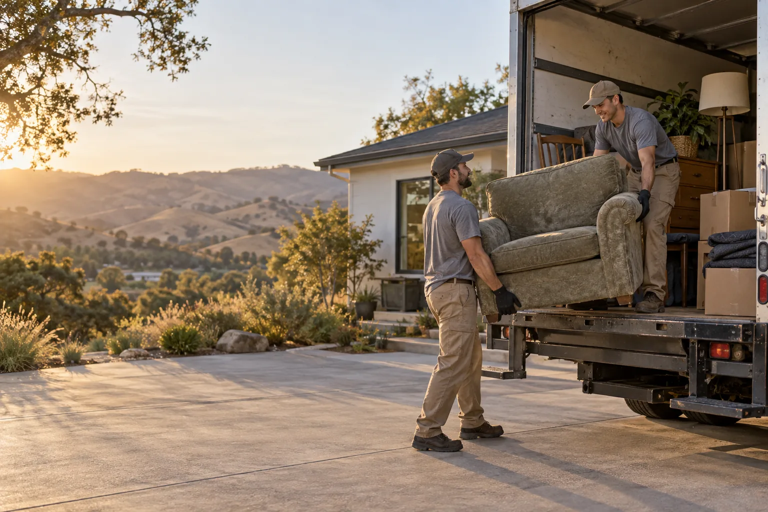 Two workers loading furniture into a truck outside a home